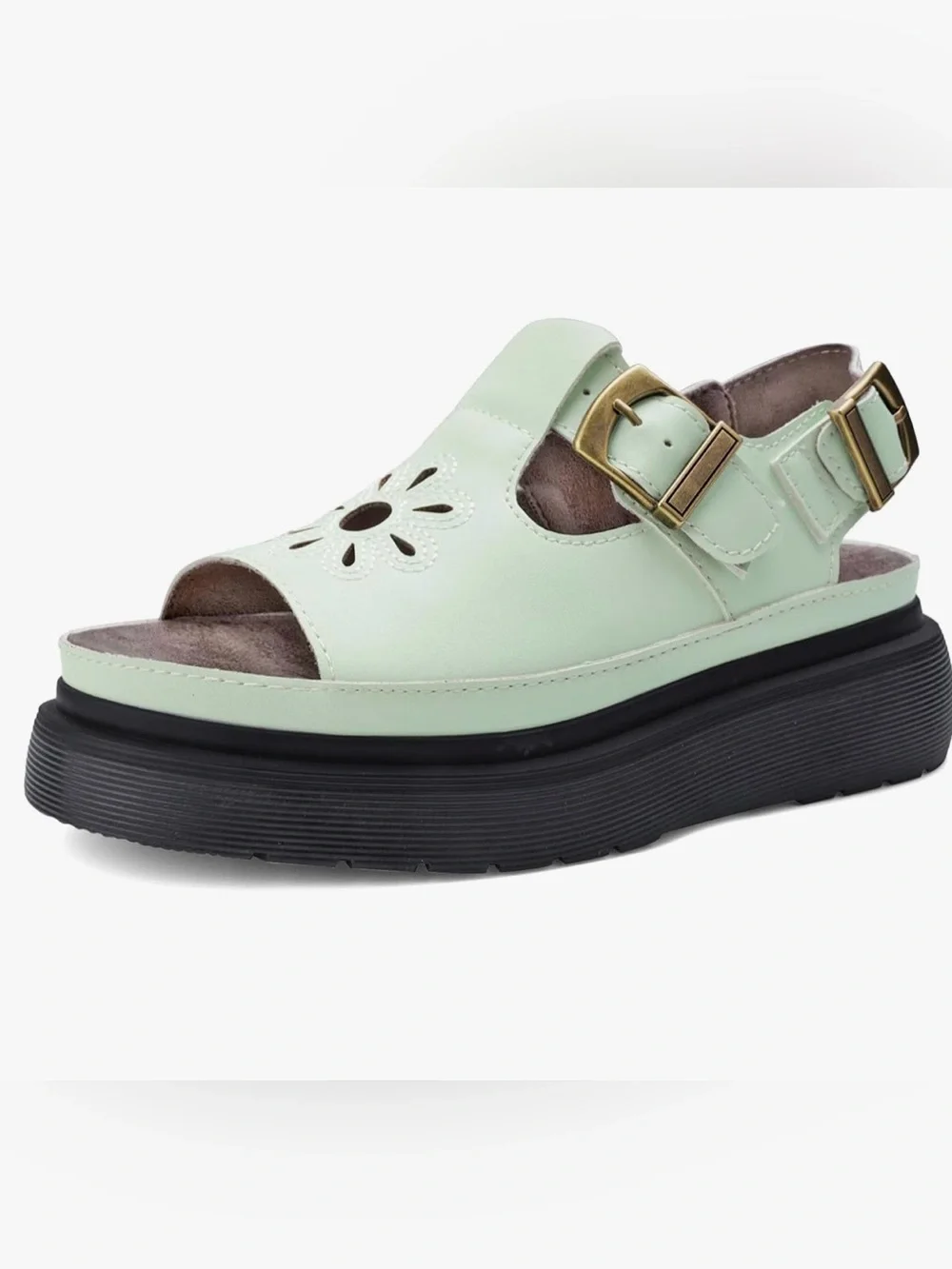 Boutique|Pastel Mint Buckle Chunky Platform Sandals,Faux leather cutout Flower•